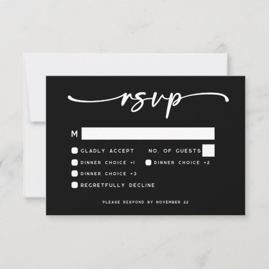 Modern Zwart Wit Script Minimale bruiloft RSVP Kaartje (Voorkant)