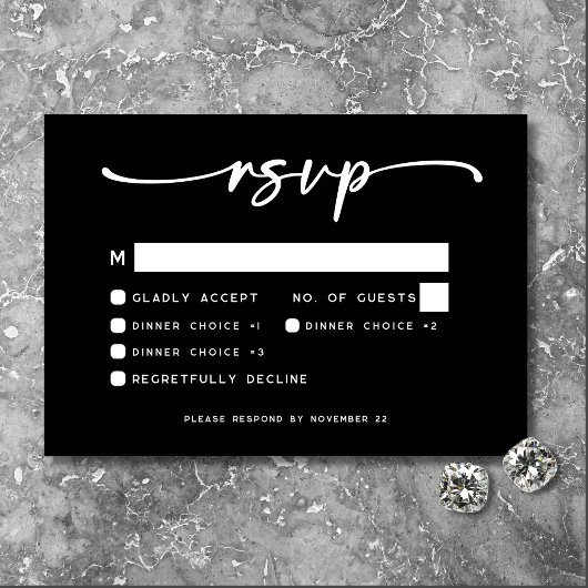 Modern Zwart Wit Script Minimale bruiloft RSVP Kaartje