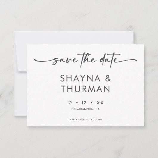 Modern Zwart Wit Script Minimale bruiloft Save The Date (Voorkant)