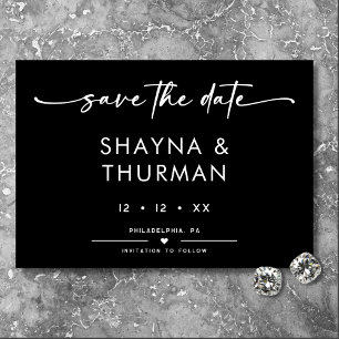 Modern Zwart Wit Script Minimale bruiloft Save The Date