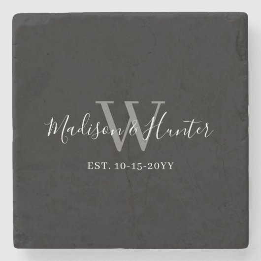 Modern Zwart Wit Script Monogram Passen getrouwd Stenen Onderzetter (Voorkant)