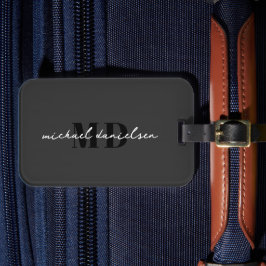 Modern zwart-wit script monogrammed minimalist bagagelabel