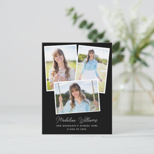 Modern zwart-wit script multi-foto Afstuderen Briefkaart (Staand voorkant)
