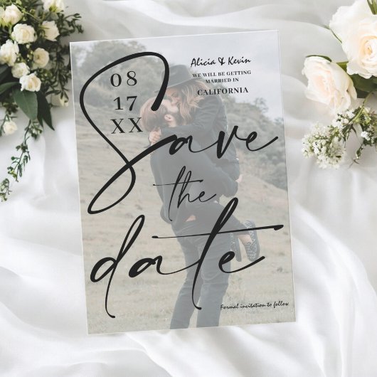 Modern zwart wit script sla de datumfoto op kaart