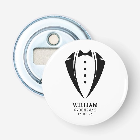 Modern zwart-wit smoking bruidsjonker cadeau button flesopener (Voorkant)