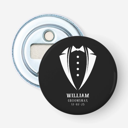 Modern zwart-wit smoking bruidsjonker cadeau button flesopener (Voorkant)