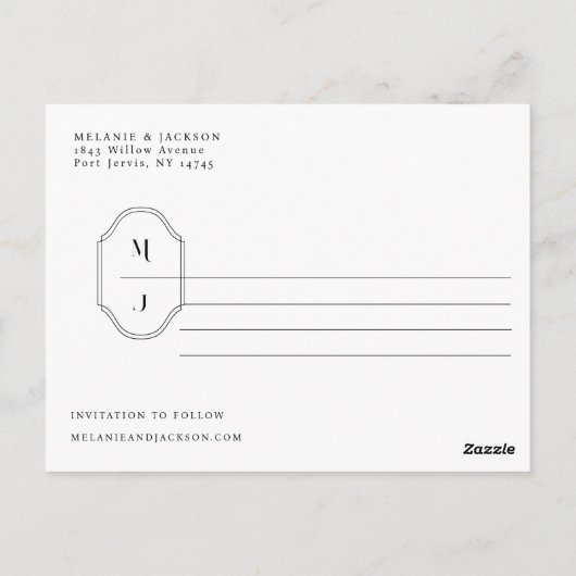 Modern zwart-wit sparen de Datum Monogram Crest Briefkaart (Achterkant)