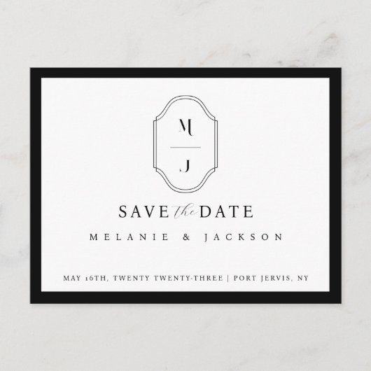 Modern zwart-wit sparen de Datum Monogram Crest Briefkaart (Voorkant)