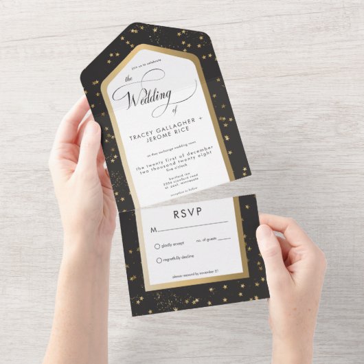 Modern Zwart & Wit Sterrengoud Geen Diner All In One Uitnodiging (Afscheurbaar)