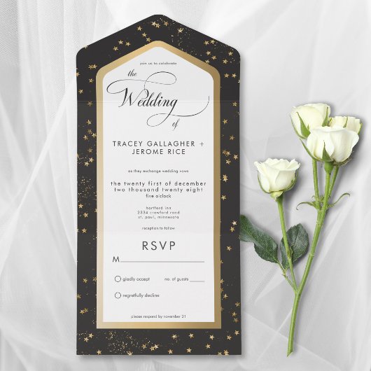 Modern Zwart & Wit Sterrengoud Geen Diner All In One Uitnodiging