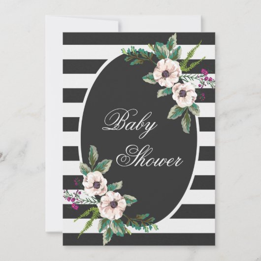 Modern Zwart Wit Strepen Floral Baby shower Kaart (Voorkant)