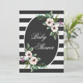 Modern Zwart Wit Strepen Floral Baby shower Kaart (Staand voorkant)