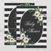 Modern Zwart Wit Strepen Floral Baby shower Kaart (Voorkant / Achterkant)