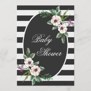 Modern Zwart Wit Strepen Floral Baby shower Kaart