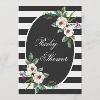 Modern Zwart Wit Strepen Floral Baby shower Kaart