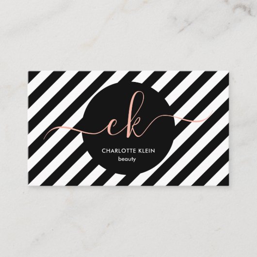 Modern zwart-wit strepen script Monogram Visitekaartje (Voorkant)