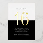 Modern Zwart-wit Sweet Sixteen Gold Foil Folie Uitnodiging (Voorkant)