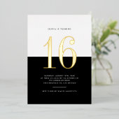 Modern Zwart-wit Sweet Sixteen Gold Foil Folie Uitnodiging (Staand Voorkant)