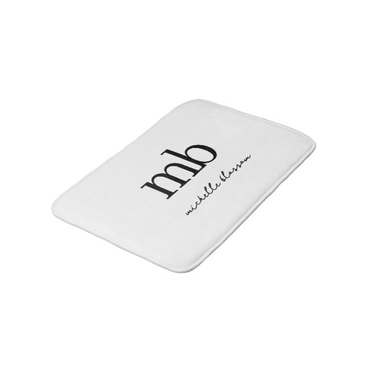 Modern Zwart Wit Trendy Script Initiaal Monogram Badmat (Gekanteld)
