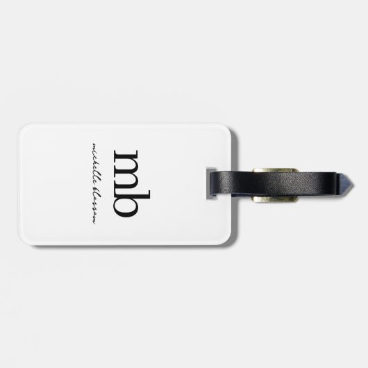 Modern Zwart Wit Trendy Script Initiaal Monogram Bagagelabel (Achterkant horizontaal)
