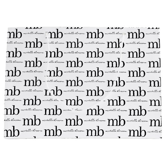 Modern Zwart Wit Trendy Script Initiaal Monogram Groot Cadeauzakje (Voorkant)