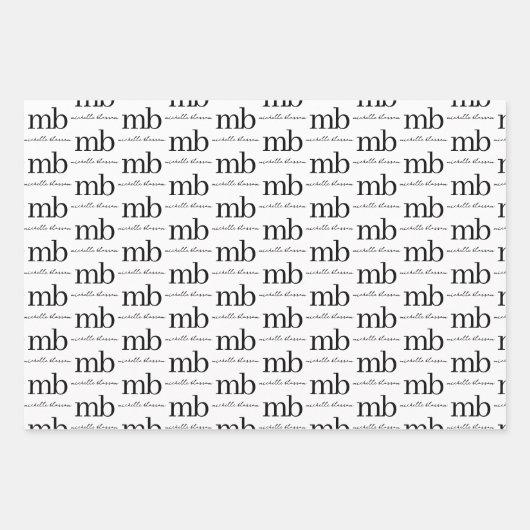 Modern Zwart Wit Trendy Script Initiaal Monogram Inpakpapier Vel (Voorkant)