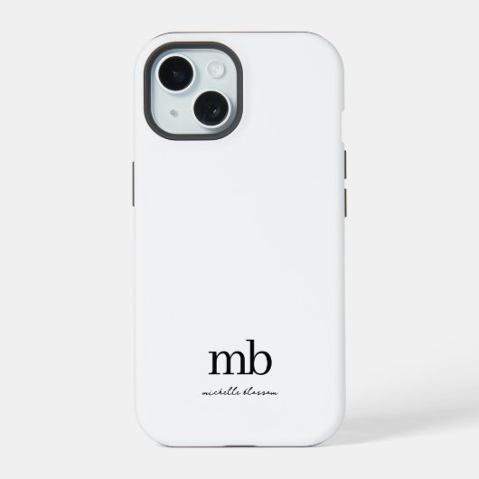 Modern Zwart Wit Trendy Script Initiaal Monogram iPhone 15 Case (Achterkant)