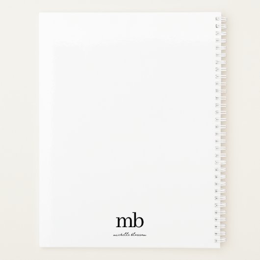 Modern Zwart Wit Trendy Script Initiaal Monogram Planner (Achterkant)