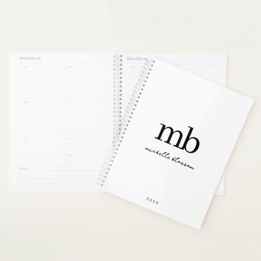 Modern Zwart Wit Trendy Script Initiaal Monogram Planner (Display)