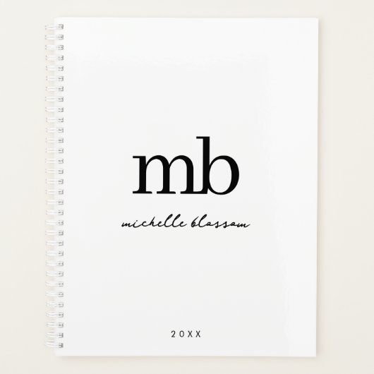 Modern Zwart Wit Trendy Script Initiaal Monogram Planner (Voorkant)