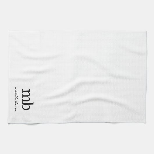 Modern Zwart Wit Trendy Script Initiaal Monogram Theedoek (Horizontaal)