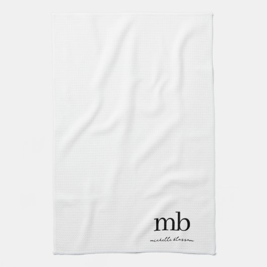 Modern Zwart Wit Trendy Script Initiaal Monogram Theedoek (Verticaal)