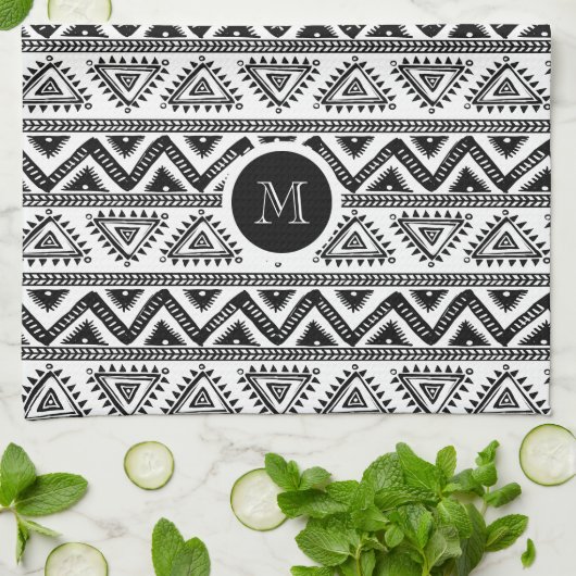 Modern zwart-wit tribaal geometrisch patroon theedoek (Gevouwen)