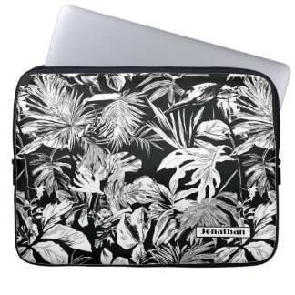 Modern Zwart & Wit Tropisch blad Gepersonaliseerd Laptop Sleeve