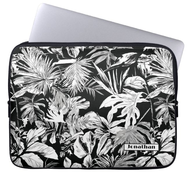 Modern Zwart & Wit Tropisch blad Gepersonaliseerd Laptop Sleeve (Voorkant)