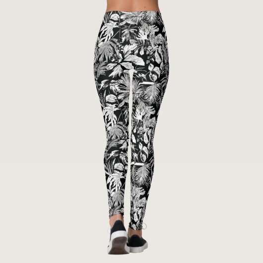 Modern Zwart Wit Tropisch Bladpatroonontwerp Leggings (Achterkant)