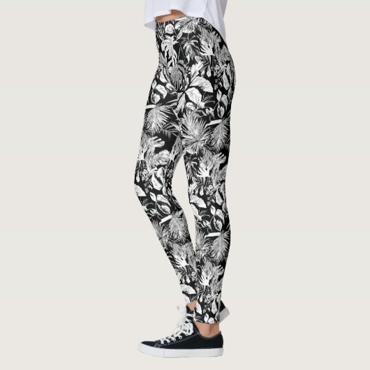 Modern Zwart Wit Tropisch Bladpatroonontwerp Leggings (Links)