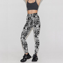 Modern Zwart Wit Tropisch Bladpatroonontwerp Leggings