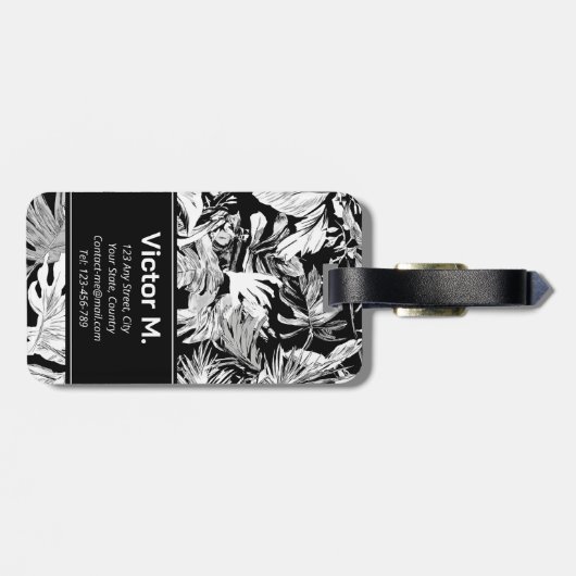 Modern zwart-wit tropisch mannelijk bagagelabel (Achterkant horizontaal)