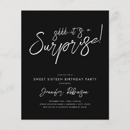 Modern Zwart Wit Verrassing Sweet 16 Invites (Voorkant)