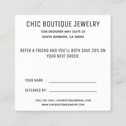 Modern zwart wit Verwijs een vriend Aanbevelingskaartje (Achterkant)