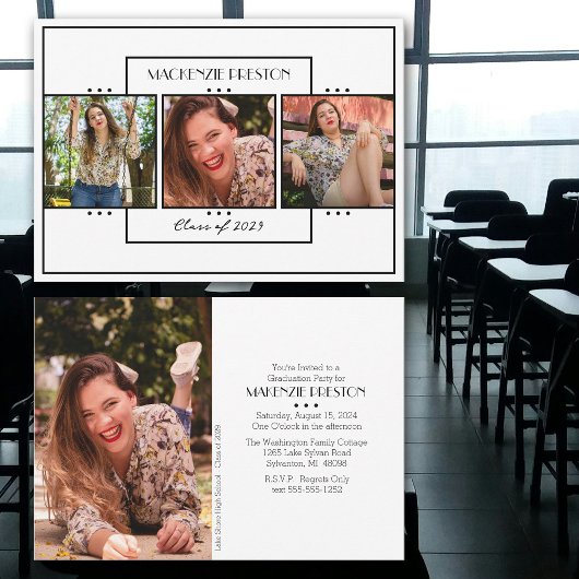 Modern Zwart Wit Vier Foto Afstudeerder Party Kaart