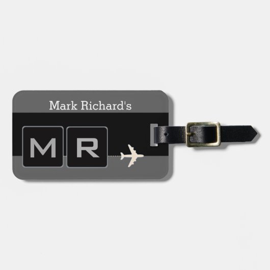 Modern zwart-wit vliegtuigreizen bagagelabel (Voorkant horizontaal)