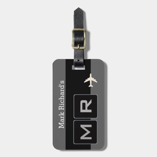 Modern zwart-wit vliegtuigreizen bagagelabel (Voorkant verticaal)