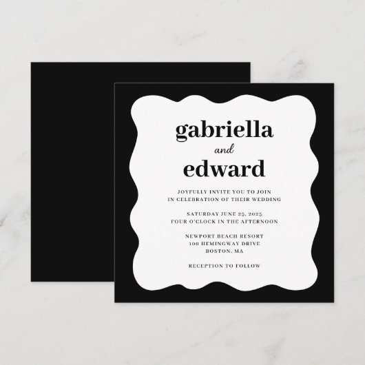 Modern Zwart Wit Wavy Border Huwelijksuitnodiging Kaart (Voorkant / Achterkant)