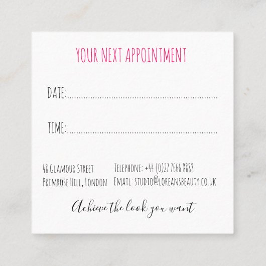 Modern Zwart Wit Wavy Haar Roze Bow Hairstyling Afsprakenkaartje (Achterkant)