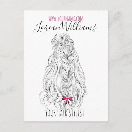 Modern Zwart Wit Wavy Haar Roze Bow Hairstyling Briefkaart (Voorkant)