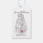 Modern Zwart Wit Wavy Haar Roze Bow Hairstyling Cadeaulabel (Voorkant)