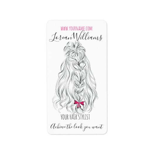 Modern Zwart Wit Wavy Haar Roze Bow Hairstyling Etiket (Voorkant)