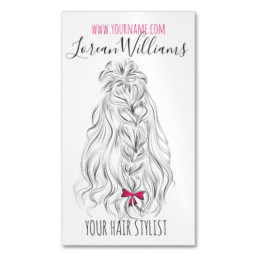 Modern Zwart Wit Wavy Haar Roze Bow Hairstyling Magnetisch Visitekaartje (Voorkant Verticaal)